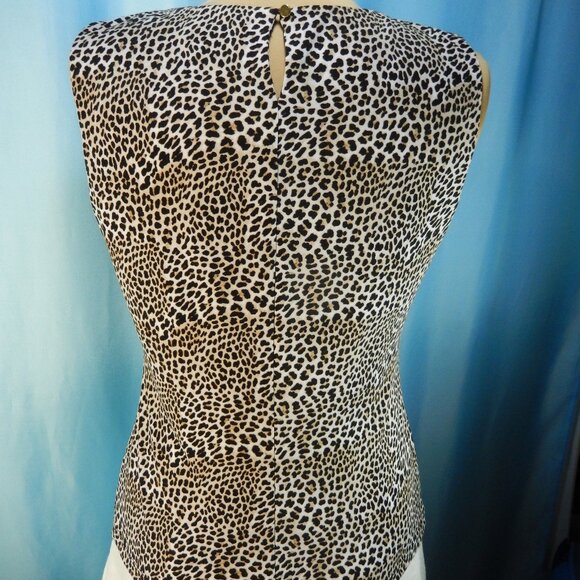 Calvin Klein Cheetah Pleated Neck Tan Cream & Brown Sleeveless Career Medium EUC - Picture 4 of 11